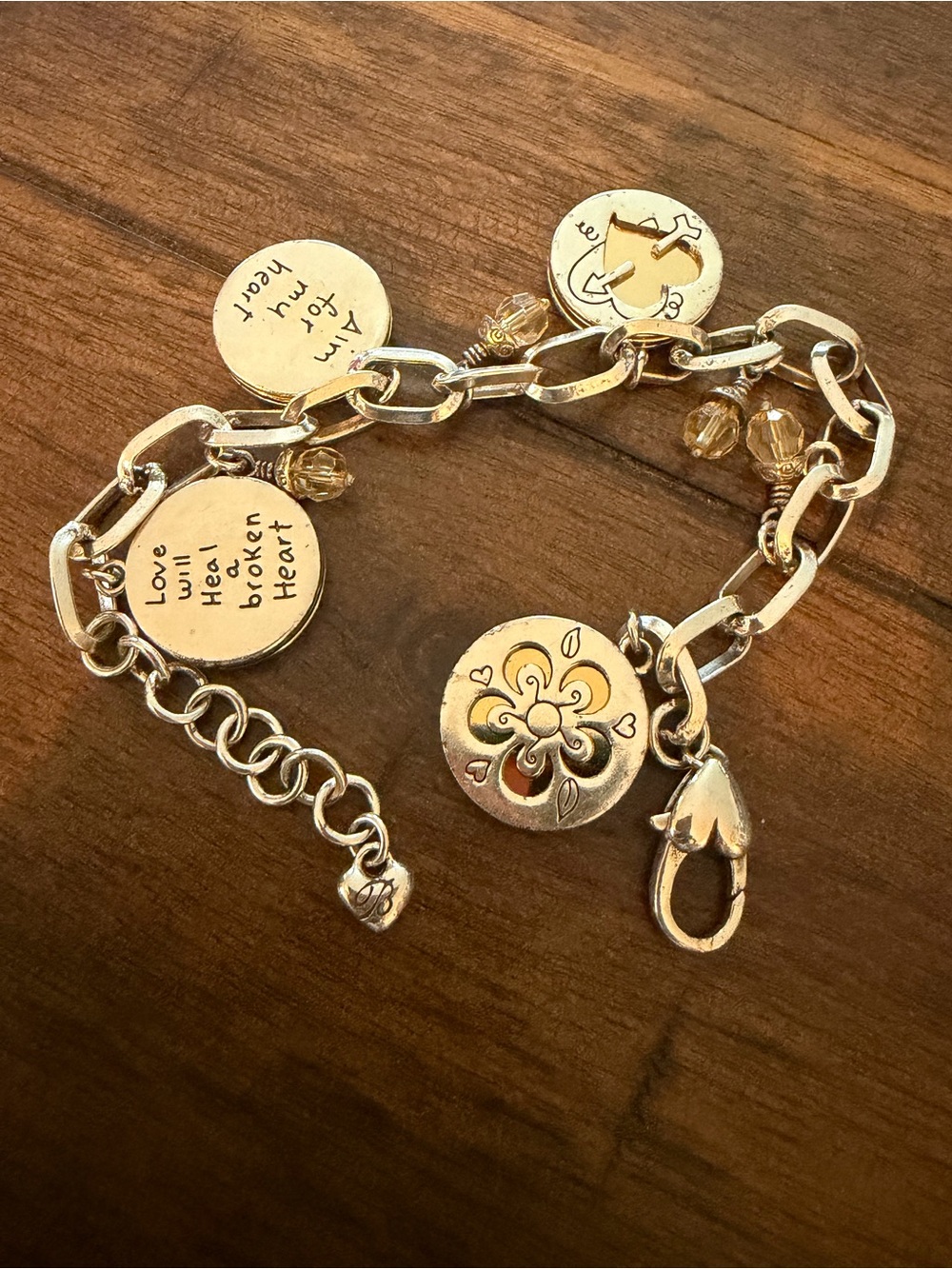 Brighton Jewelry Silver Tone Charm Link Bracelet Hearts with Gold-Tone Accents